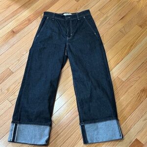 Dark Raw Denim Wide Leg Jeans with Cuffed Hem